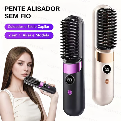 Escova Alisadora Sem Fio com Display Digital – Recarregável, Portátil e Rápida