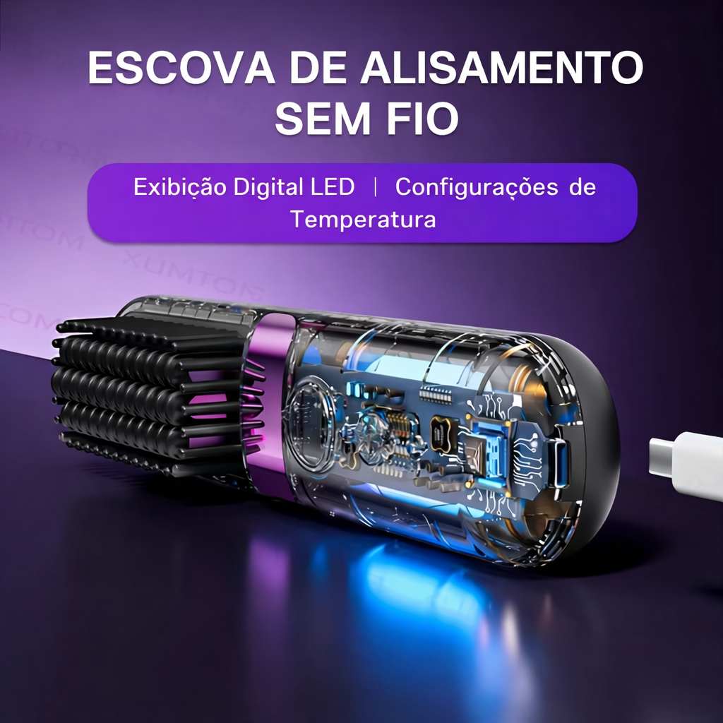 Escova Alisadora Sem Fio com Display Digital – Recarregável, Portátil e Rápida