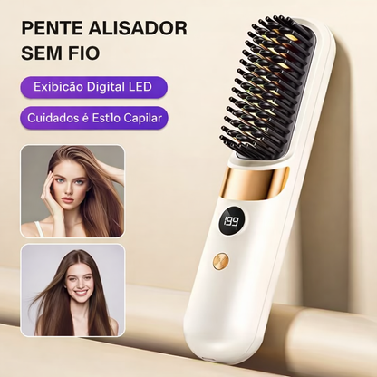 Escova Alisadora Sem Fio com Display Digital – Recarregável, Portátil e Rápida