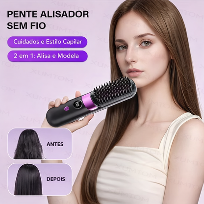 Escova Alisadora Sem Fio com Display Digital – Recarregável, Portátil e Rápida