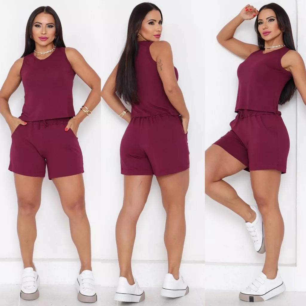 Conjunto Short e Blusa Regata Liso Viscolaycra Short Soltinho