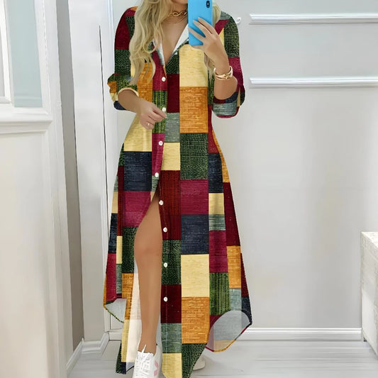 Vestido Camisa Solta Manga Longa Com Botão V De Manga E Estampa Casual