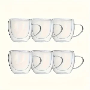 Kit 6 Copos de Vidro Duplo 80ml com Alça – Térmicos, Reutilizáveis, Ideais para Café e Chá