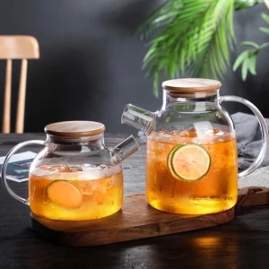 Bule de Vidro Borossilicato com Tampa de Bambu – 1000ml/1800ml, Resistente ao Calor, com Filtro Removível para Chá e Suco