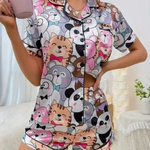 Conjunto de Pijama Feminino Manga Curta de Cetim Elegante