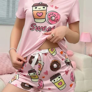 Pijama Feminino Manga Curta e Shorts com Laço, Estampa Divertida