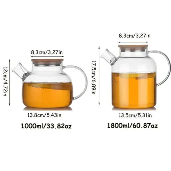 Bule de Vidro Borossilicato com Tampa de Bambu – 1000ml/1800ml, Resistente ao Calor, com Filtro Removível para Chá e Suco - Imagem 3