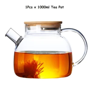 Bule de Vidro Borossilicato com Tampa de Bambu – 1000ml/1800ml, Resistente ao Calor, com Filtro Removível para Chá e Suco - 1000ml