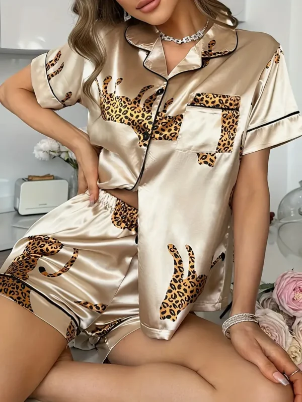 Conjunto de Pijama Feminino Manga Curta de Cetim Elegante - Imagem 35