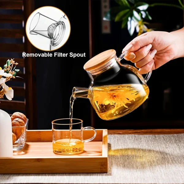 Bule de Vidro Borossilicato com Tampa de Bambu – 1000ml/1800ml, Resistente ao Calor, com Filtro Removível para Chá e Suco - Imagem 6